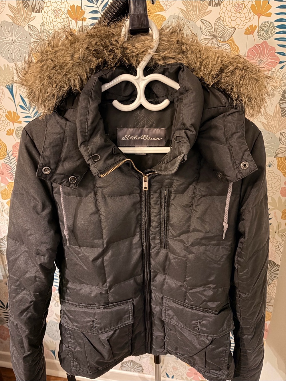 Eddie Bauer Black Quilted Puffer Jacket with Faux-Fur Trim Hood